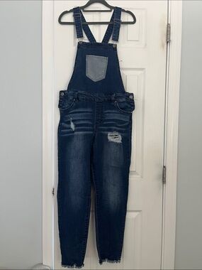 Dark Wash Denim Overalls with Distressed Detail